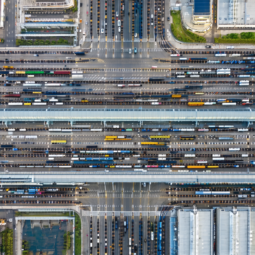 Bird's eye view of a busy train station with multiple tra...