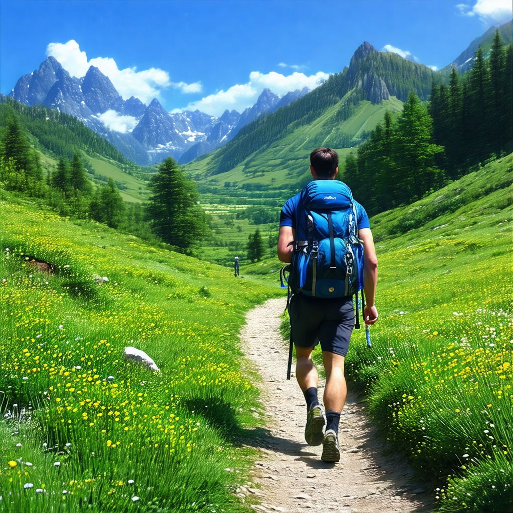 Man walking on a trail through a lush green field