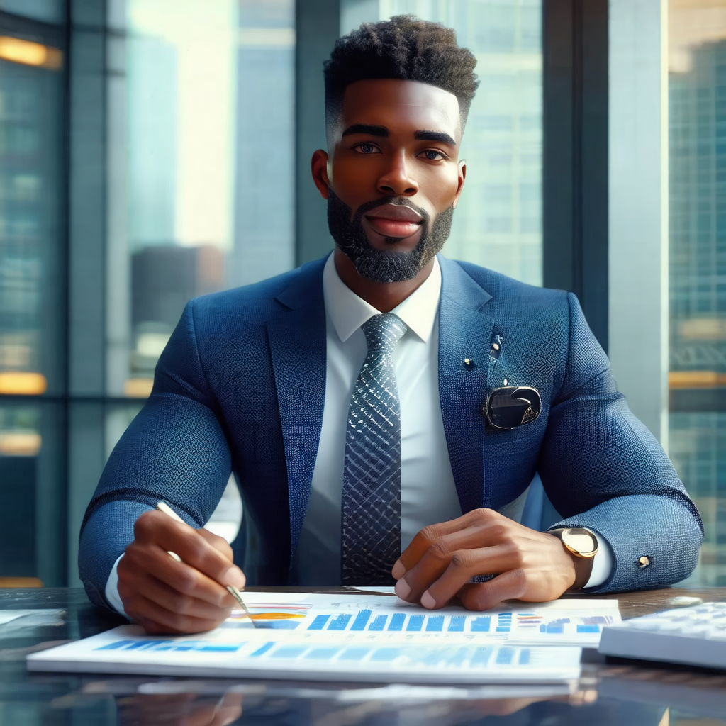 Man wearing a suit and tie, sitting at a desk and working...