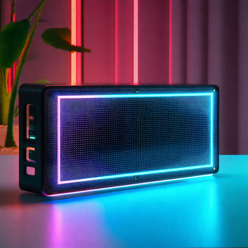 Small, rectangular speaker with a blue and purple glow