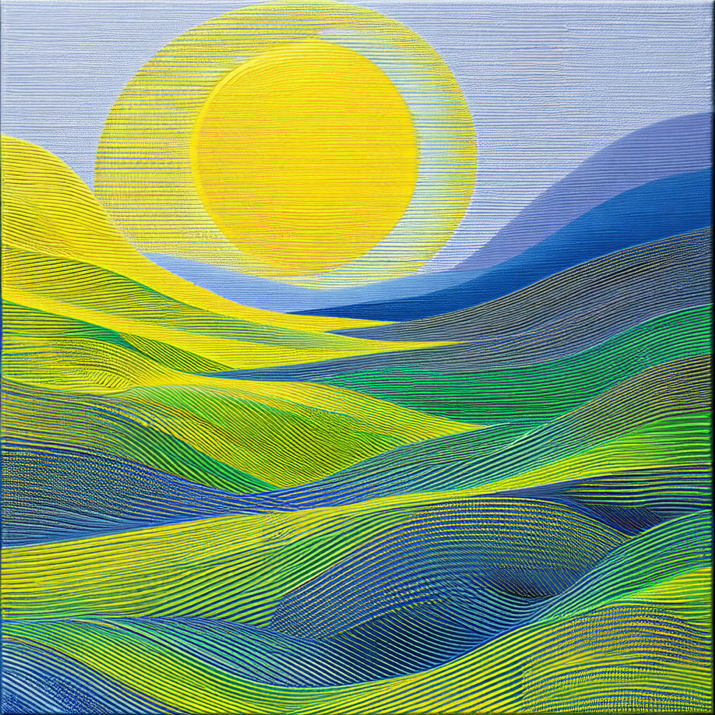 Beautiful landscape with a large sun in the center, surro...