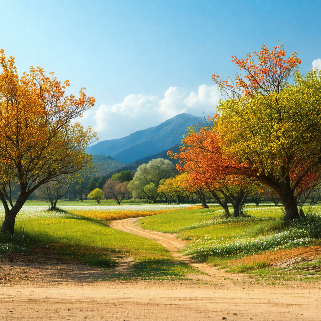 Beautiful, lush green field with a dirt road running thro...