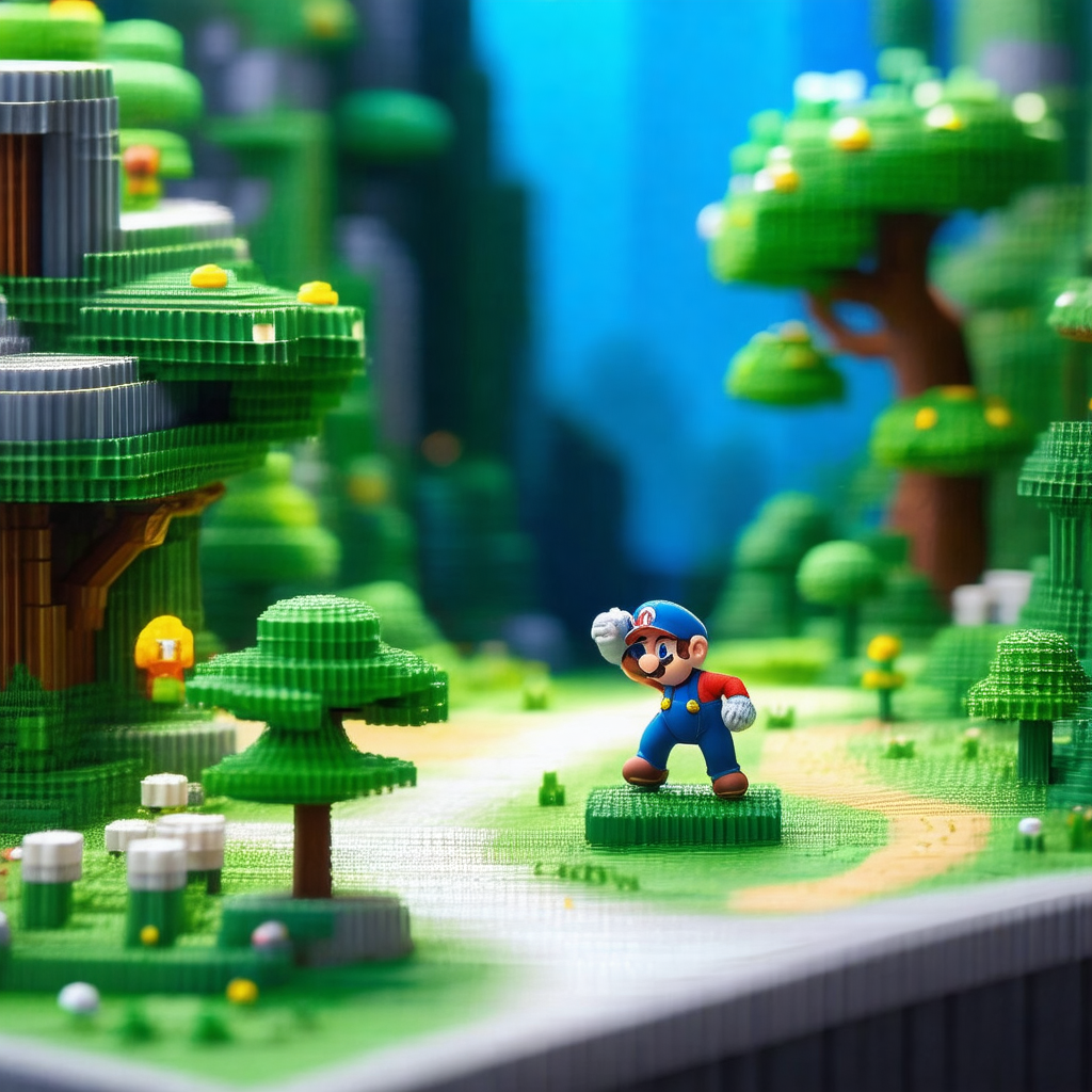 Small, intricately built model of a mario character stand...