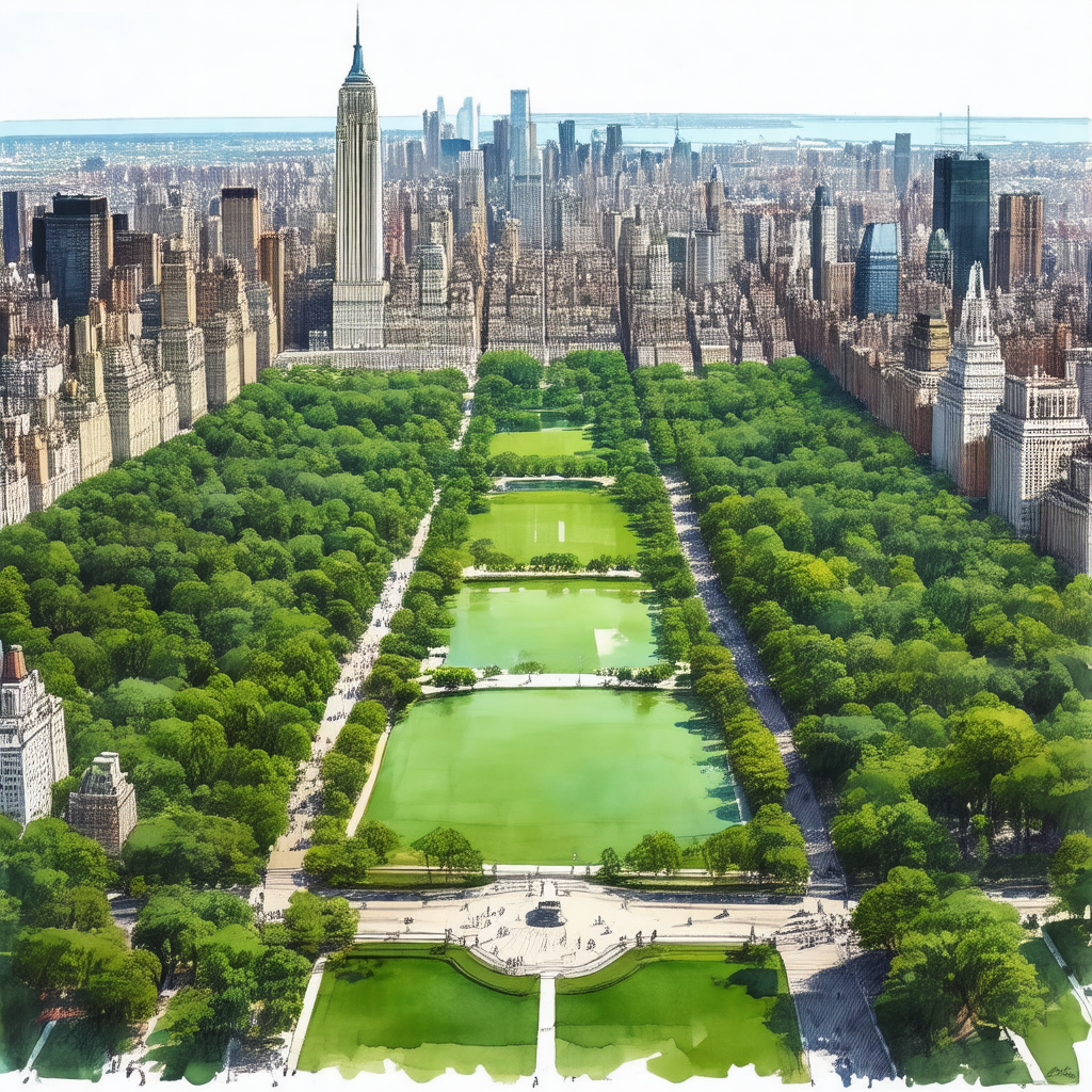 Colorful, detailed drawing of a city park with a large, g...