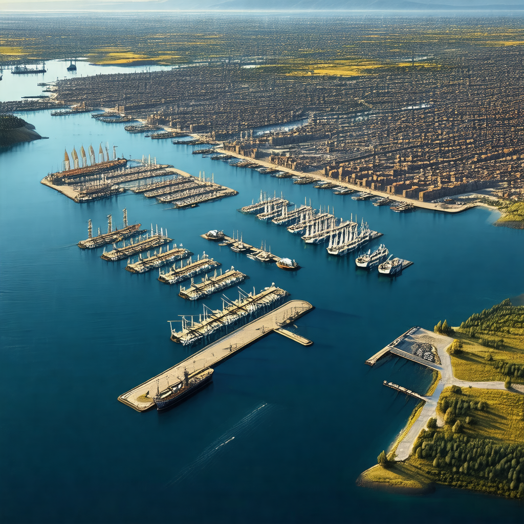 Large, detailed drawing of a harbor filled with numerous ...