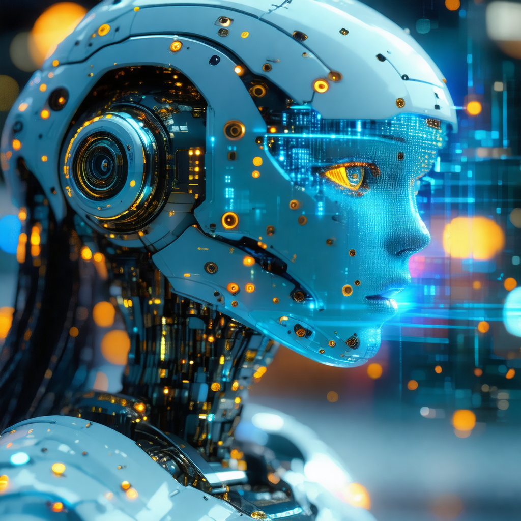 Futuristic robot with a blue face and a white body