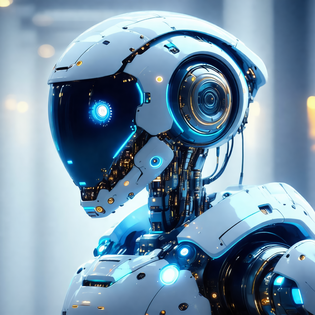 Futuristic robot with a white and blue color scheme