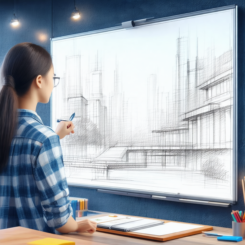 Woman standing in front of a large screen, which is displ...