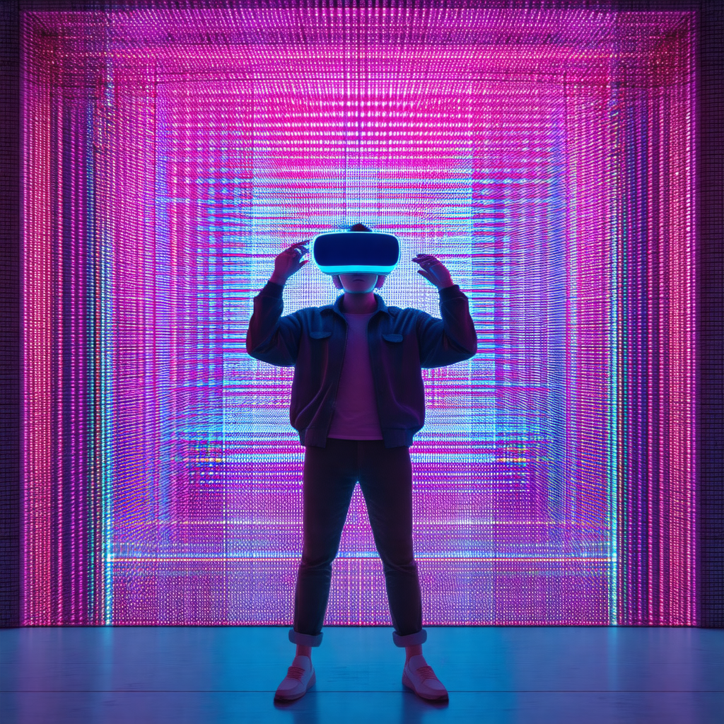 Person wearing a vr headset, standing in a room with a pu...