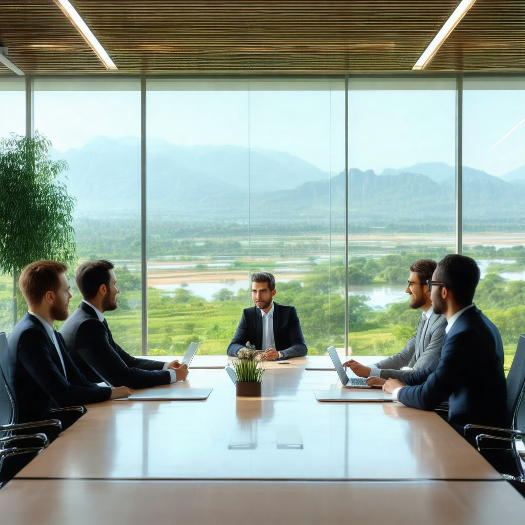 Group of men sitting around a large conference table, eng...