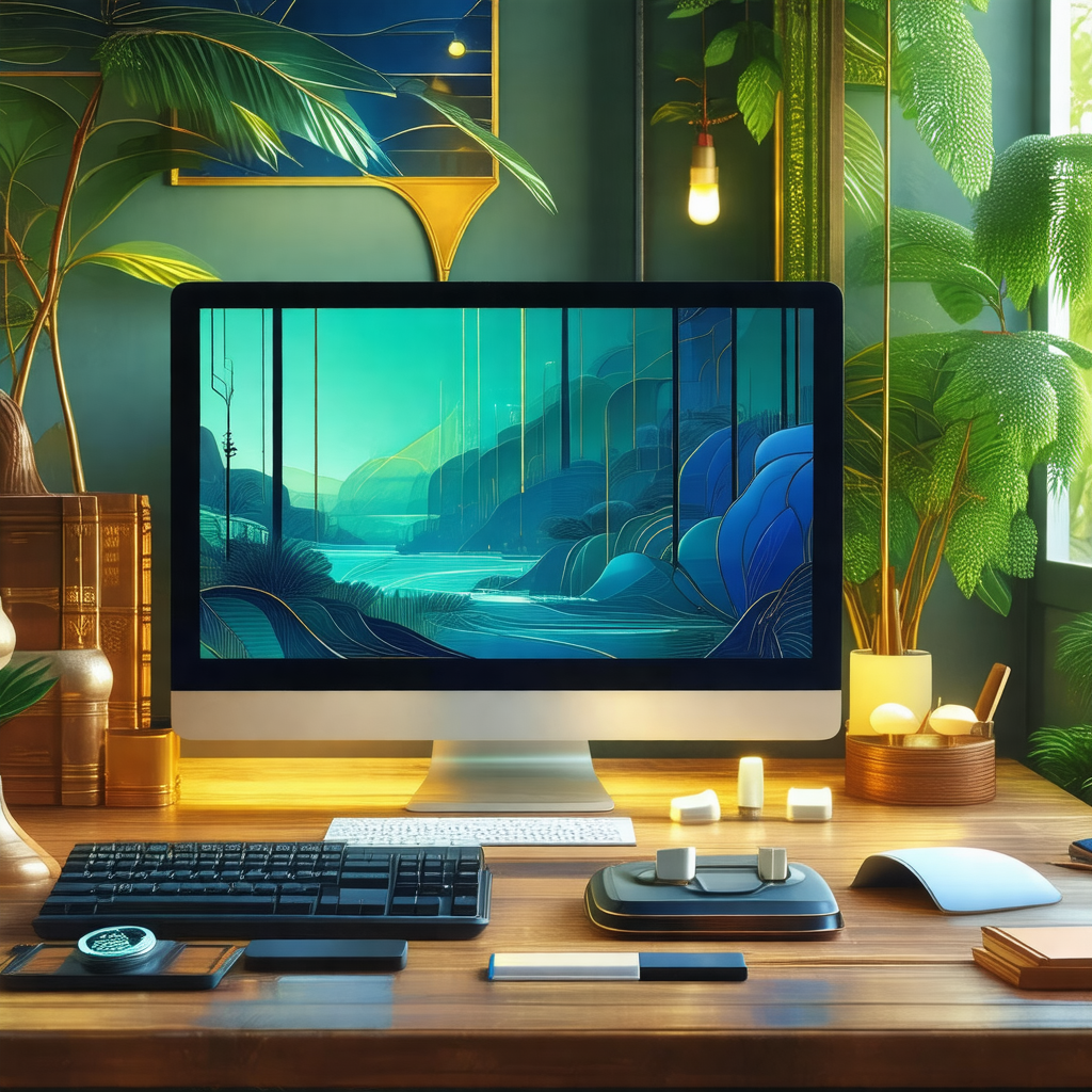 Wooden desk with a computer monitor sitting on top of it