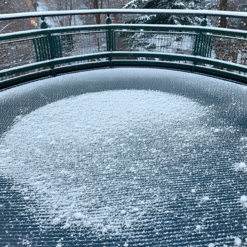 Snow-covered playground with a large, round, blue structu...