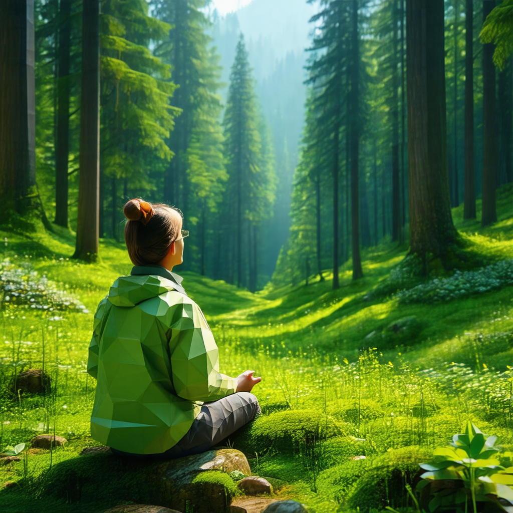 Woman sitting on a rock in a lush green forest