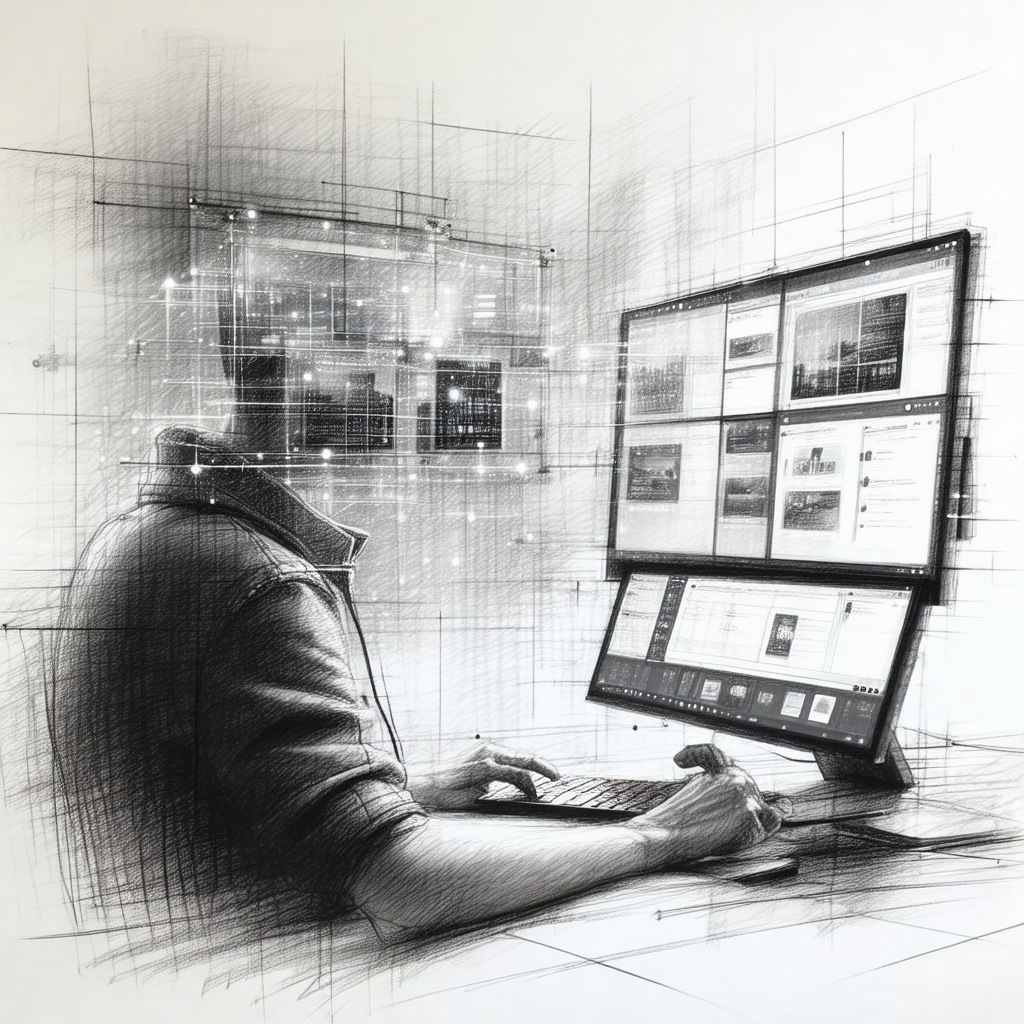 Black and white drawing of a man sitting at a desk, using...
