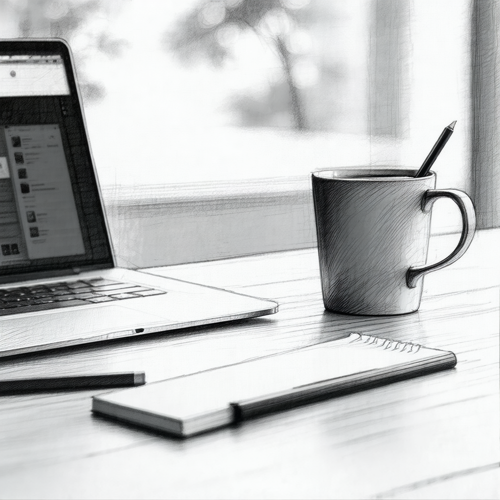Wooden desk with a laptop computer and a cup of coffee pl...