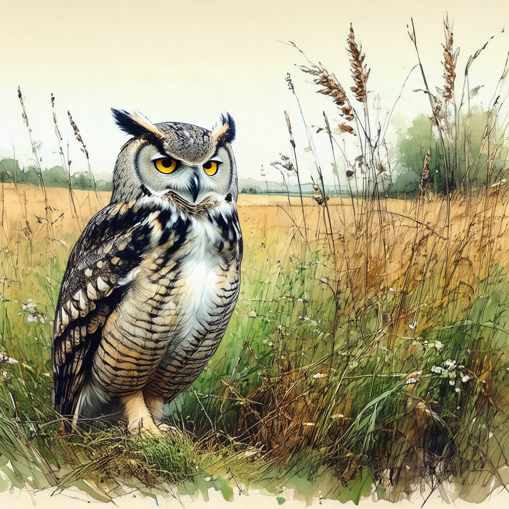Large, colorful owl standing in a field of tall grass