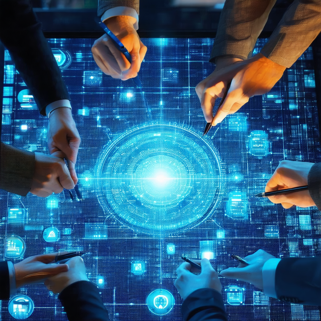 Group of people gathered around a large, blue screen