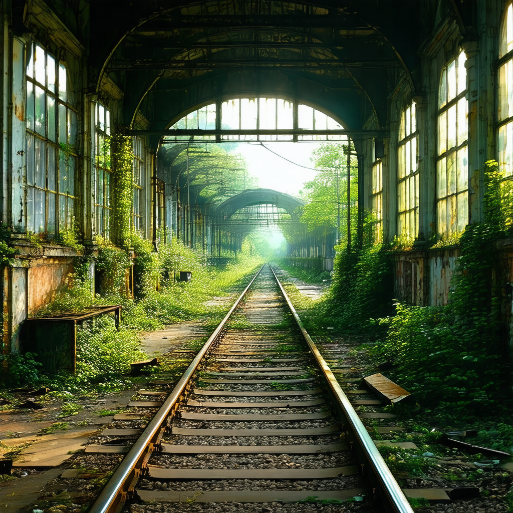 Train track that is surrounded by a forest