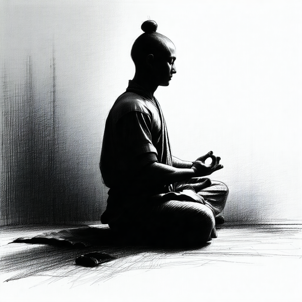 Black and white drawing of a man sitting on the floor wit...
