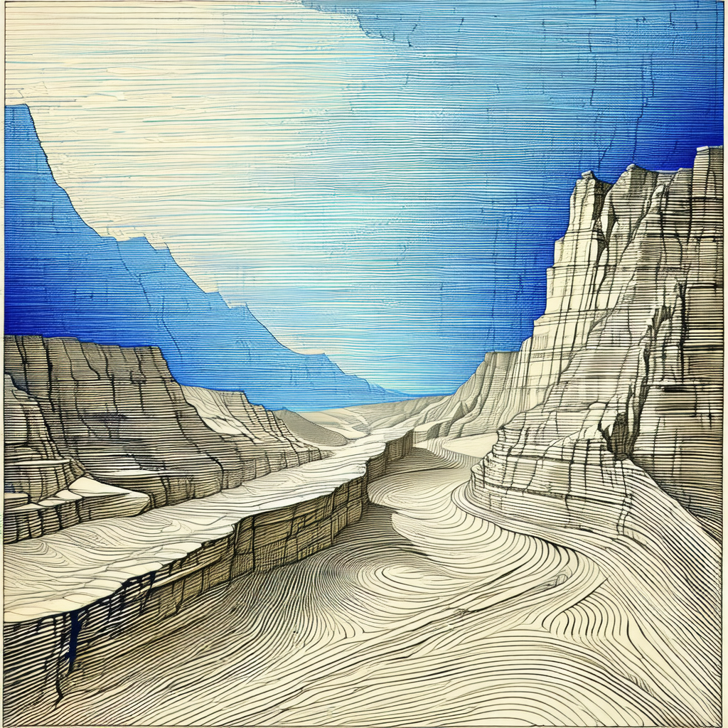 Painting of a mountainous landscape with a river flowing ...