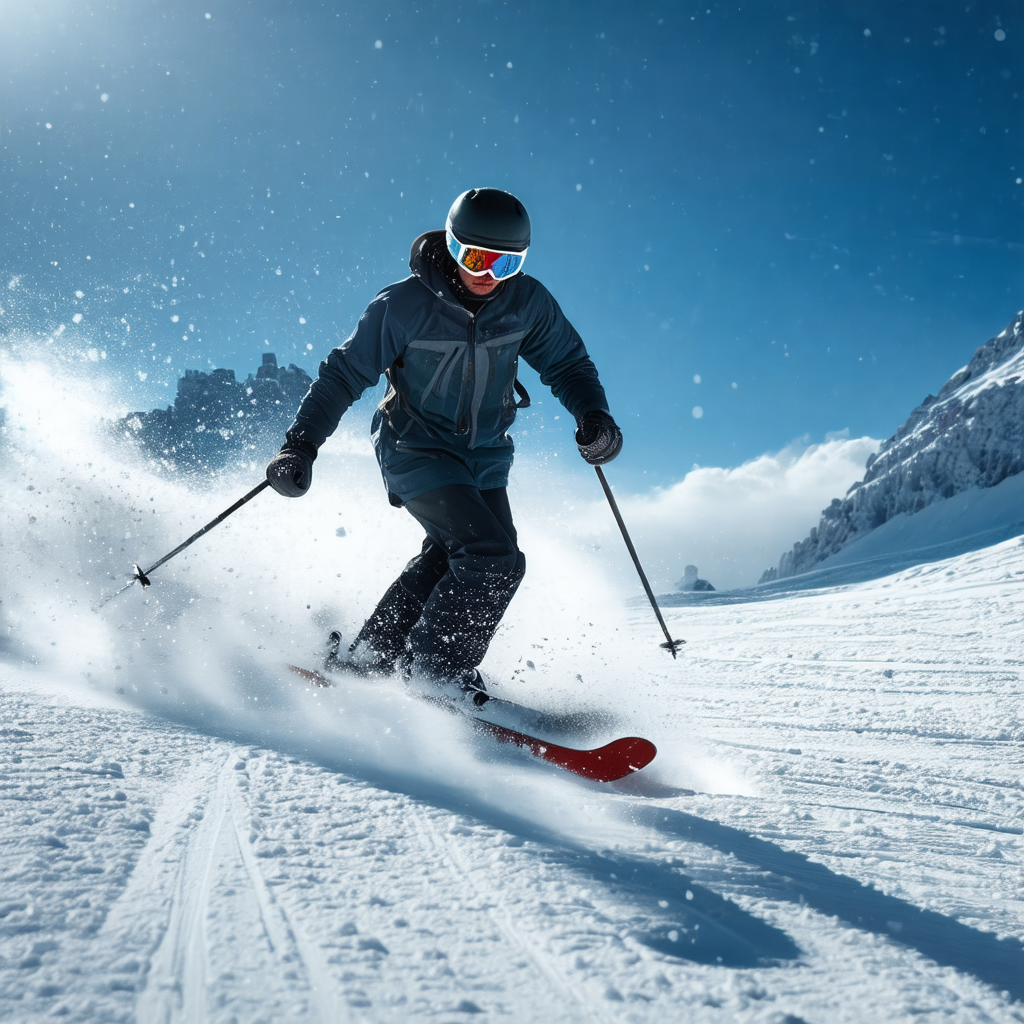Captures a man skiing down a snow-covered slope