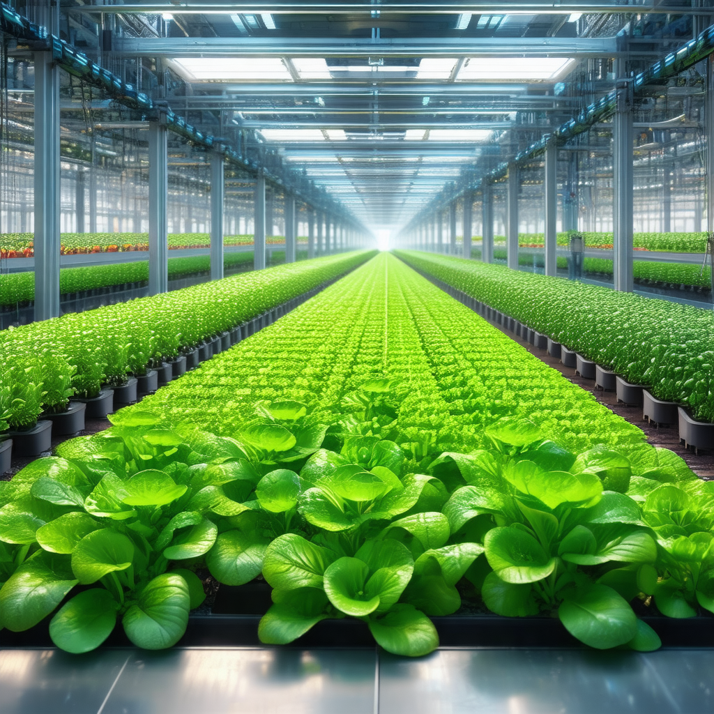 Large indoor greenhouse filled with rows of green plants
