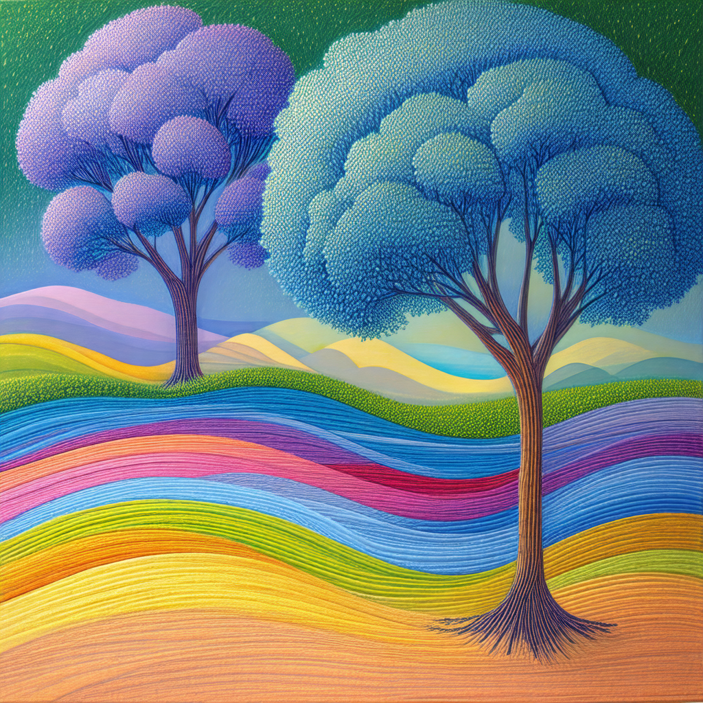 Beautiful landscape with two trees standing in the foregr...