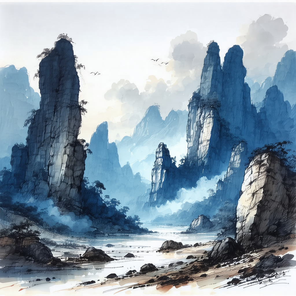 Beautifully drawn watercolor painting of a mountainous la...