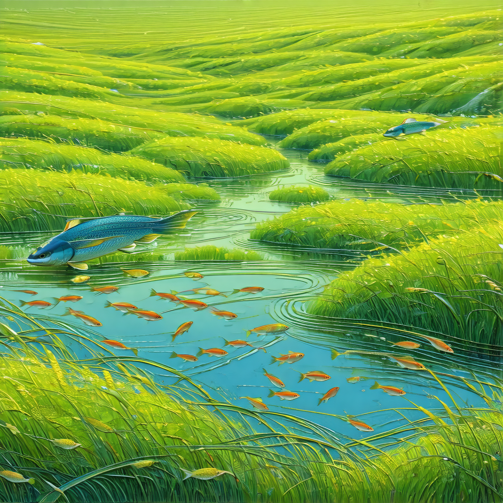Serene scene of a river flowing through a lush green field