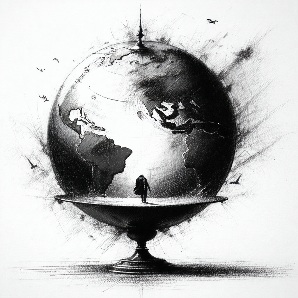 Black and white drawing of a globe, with a person standin...