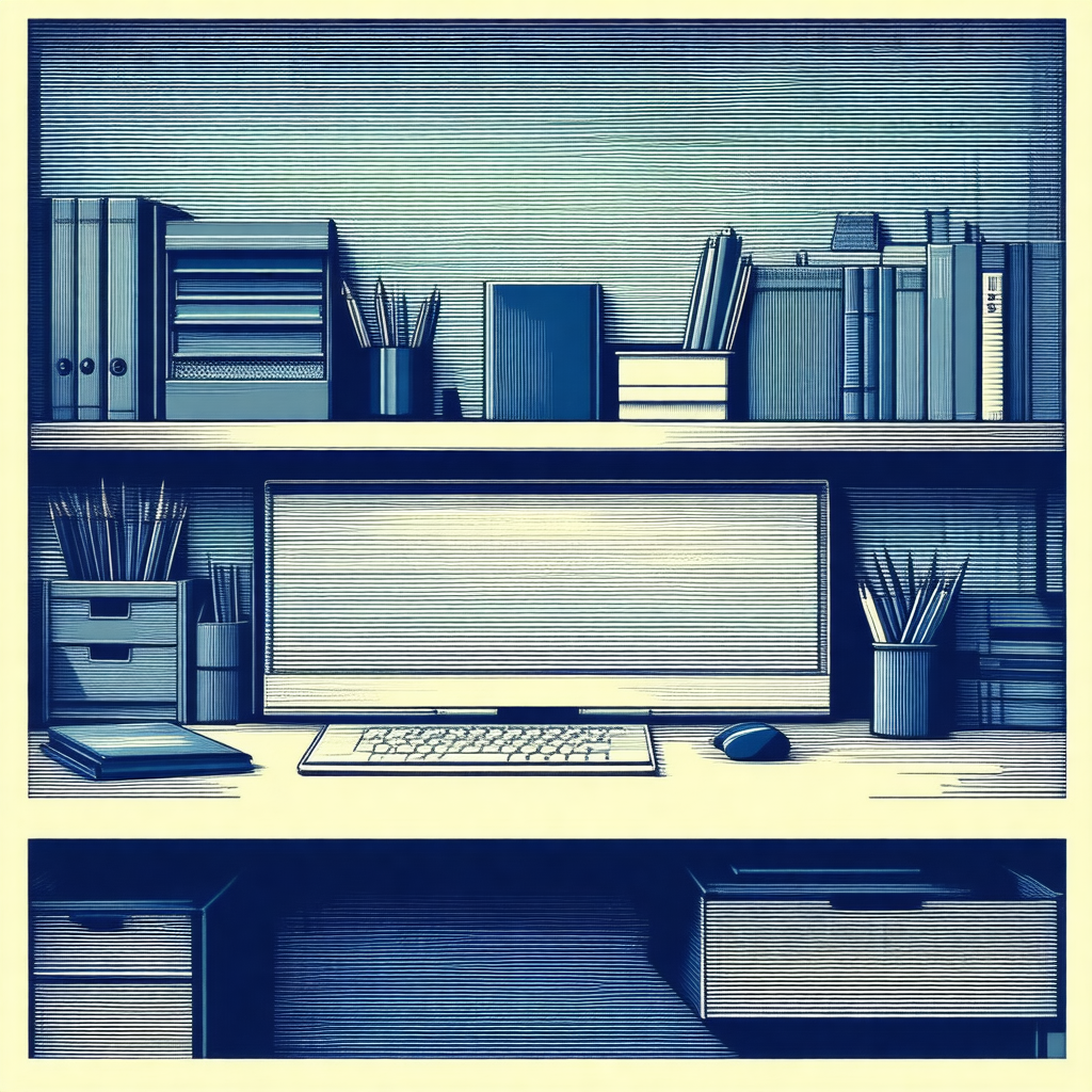 Blue and white drawing of a desk with a laptop computer o...
