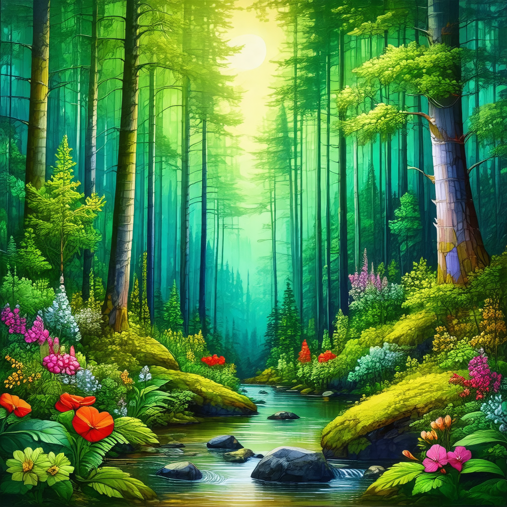 Serene forest scene with a small stream flowing through t...
