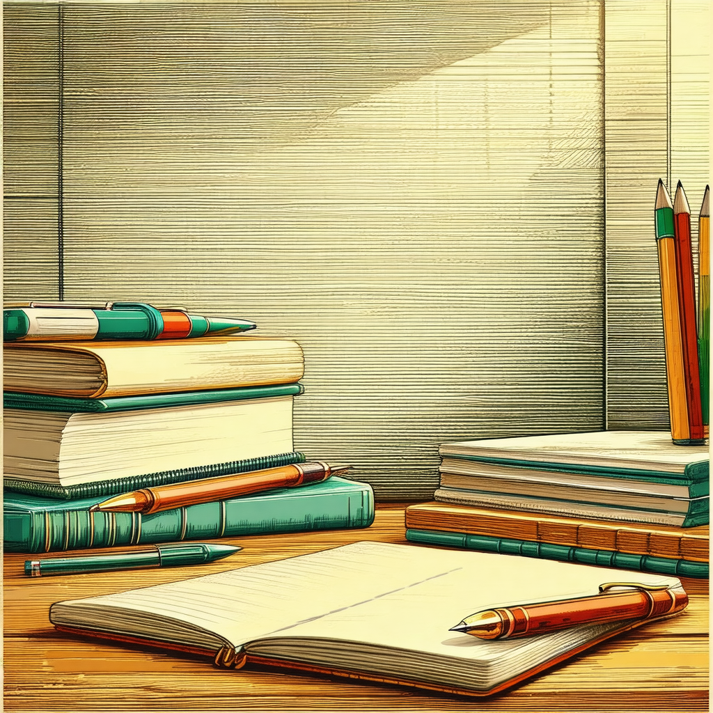 Wooden desk with a variety of books and writing materials