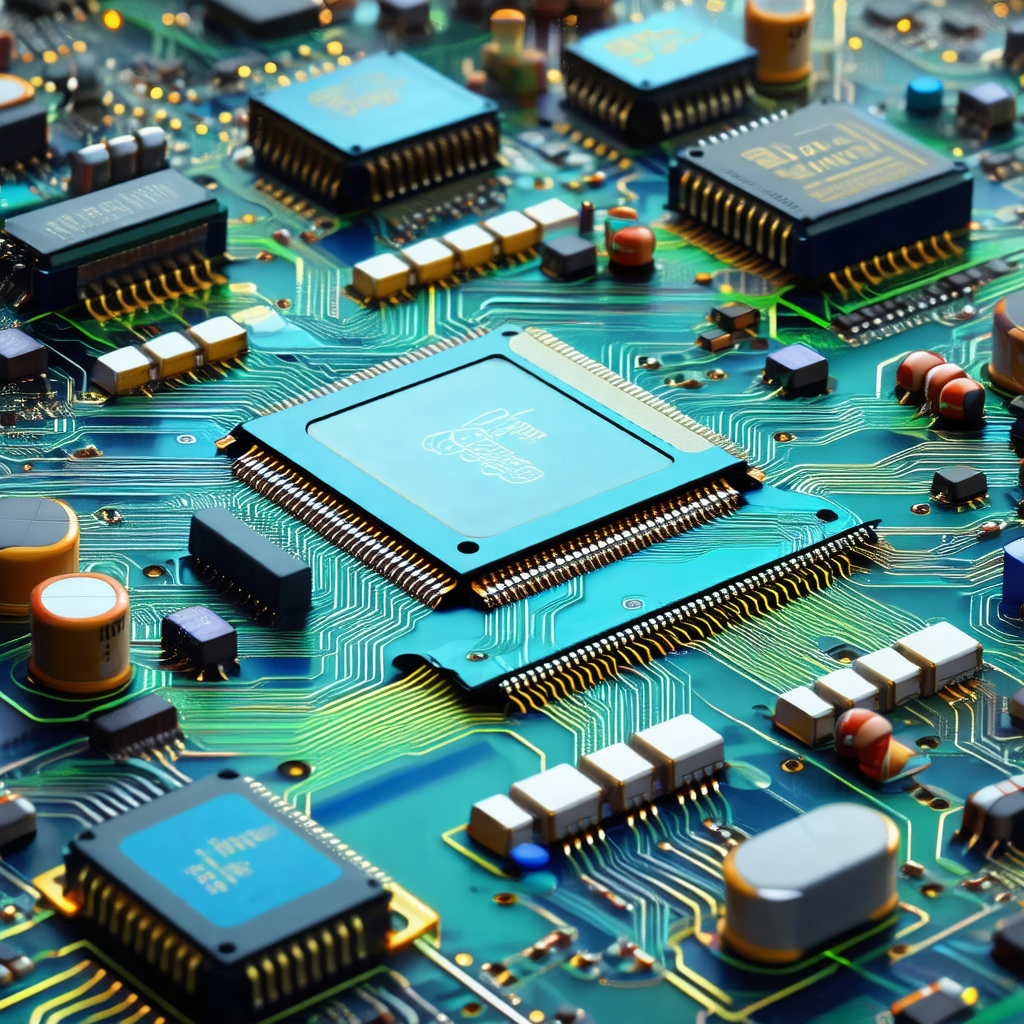 Close-up of a computer circuit board with a blue square c...