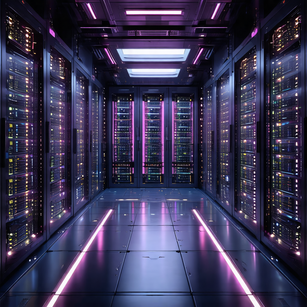 Large, dark room filled with rows of computer servers