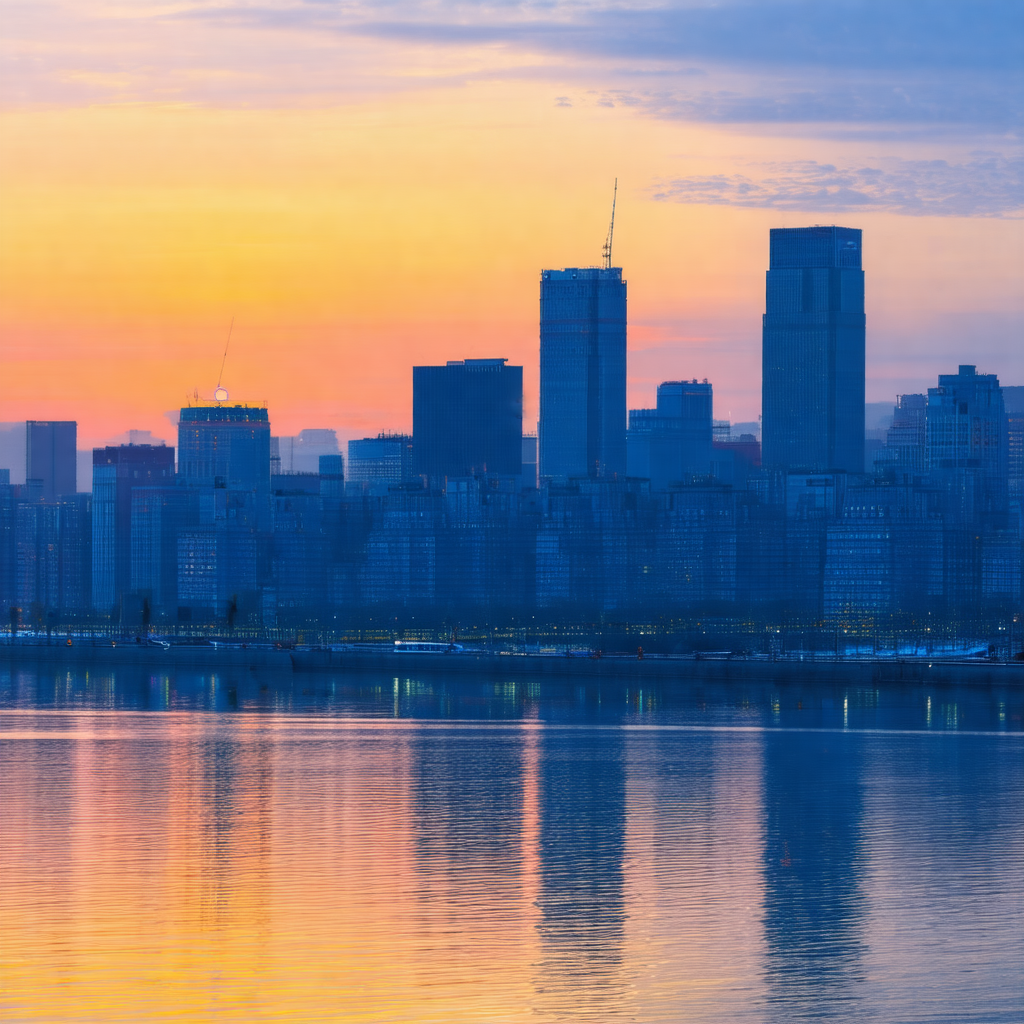 Beautiful cityscape with a large body of water, likely a ...