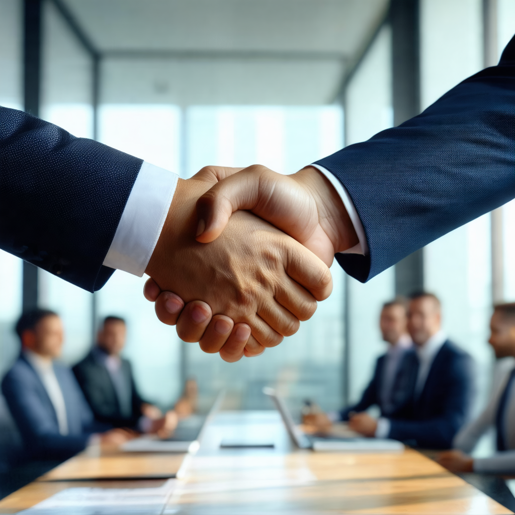 Group of businessmen shaking hands in a conference room