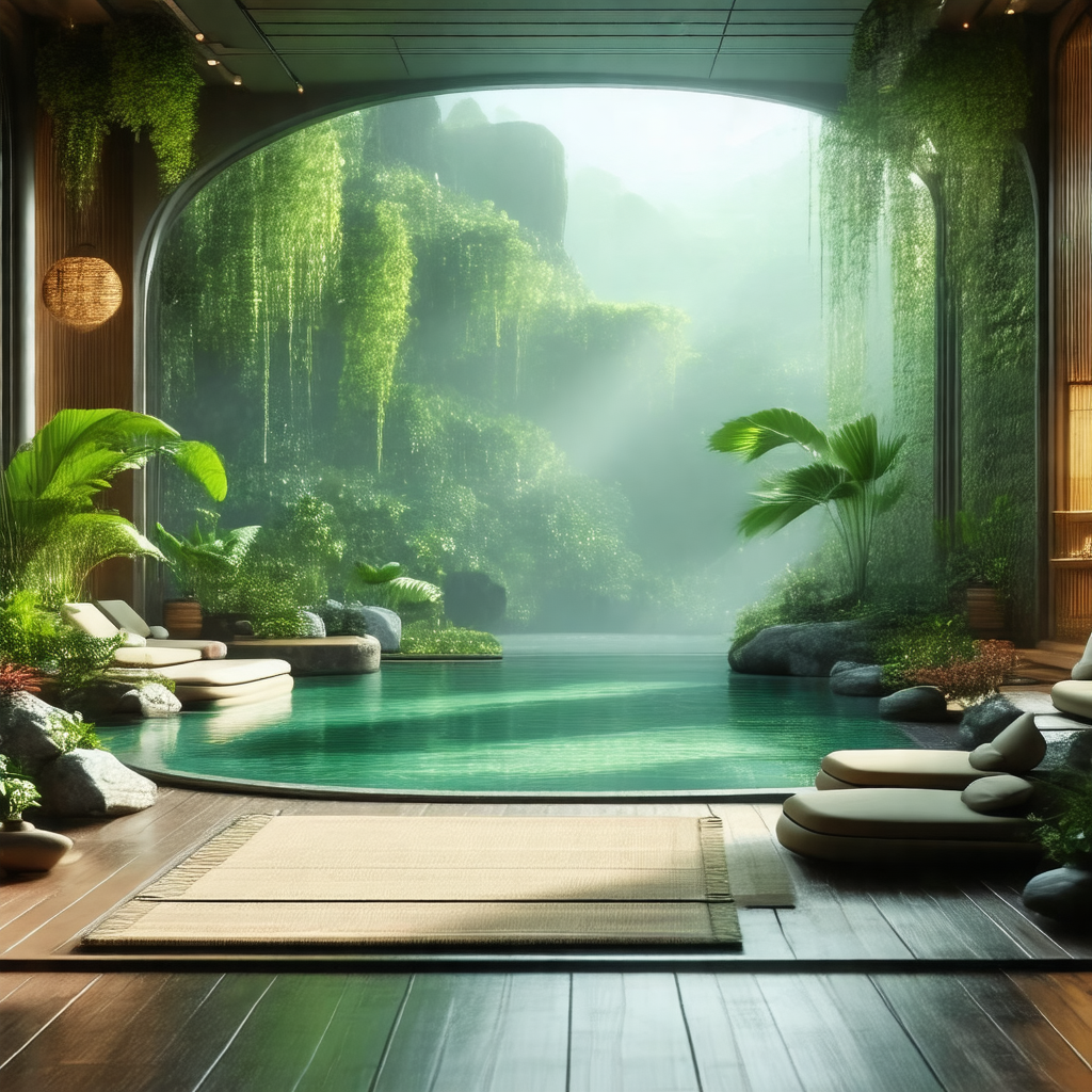 Large, luxurious swimming pool with a jungle-like atmosphere