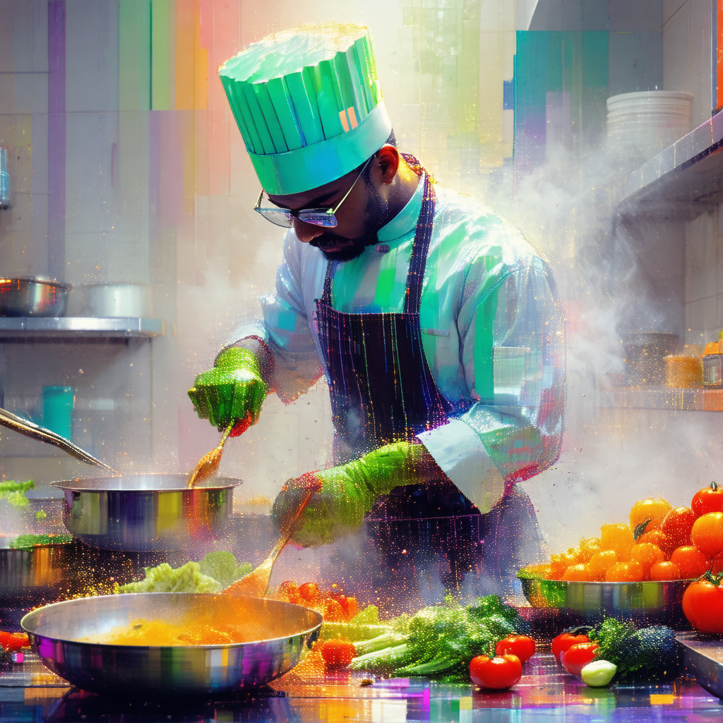 Chef in a kitchen, preparing a meal