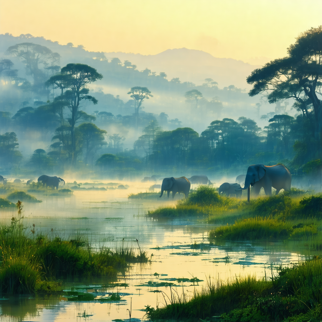 Herd of elephants walking through a lush green forest