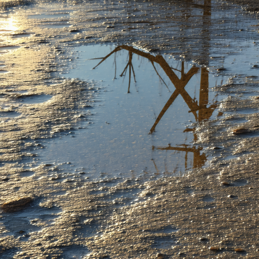 Puddle of water on a dirt road, reflecting the surroundin...