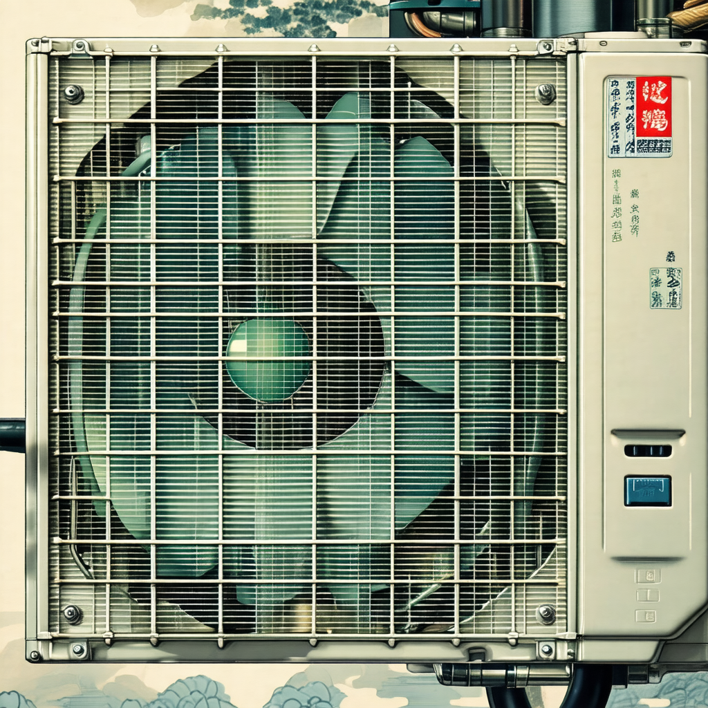 Large white air conditioner with a green center, sitting ...