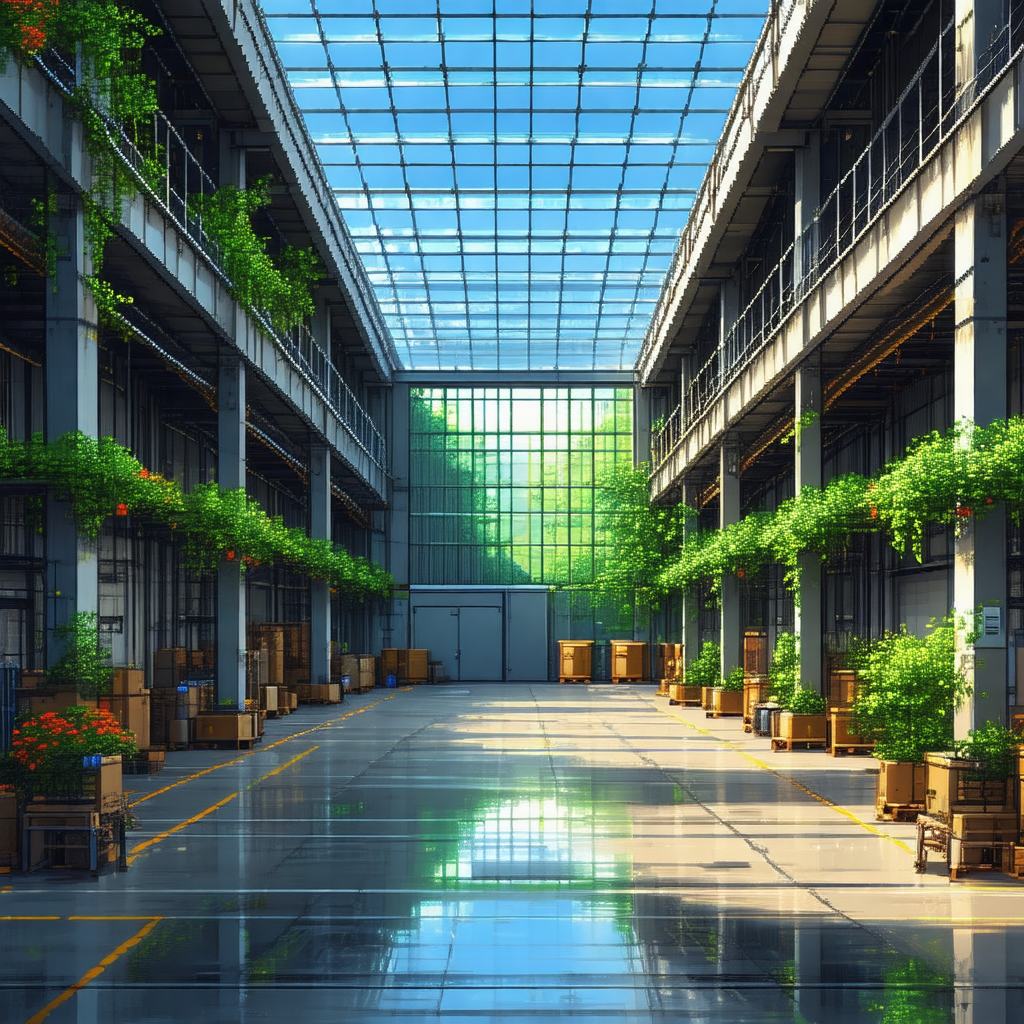 Large, open warehouse filled with numerous wooden crates