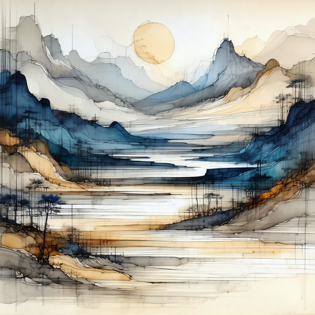 Painting of a mountainous landscape with a body of water,...