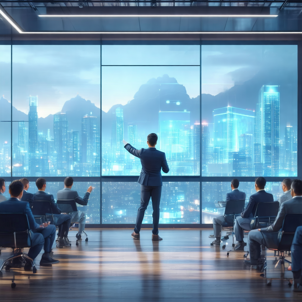 Man standing in a room, giving a presentation to a group ...