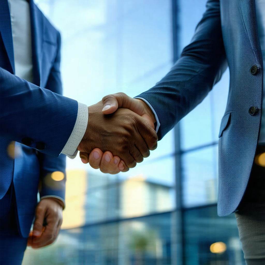 Two men in suits shaking hands in a professional setting