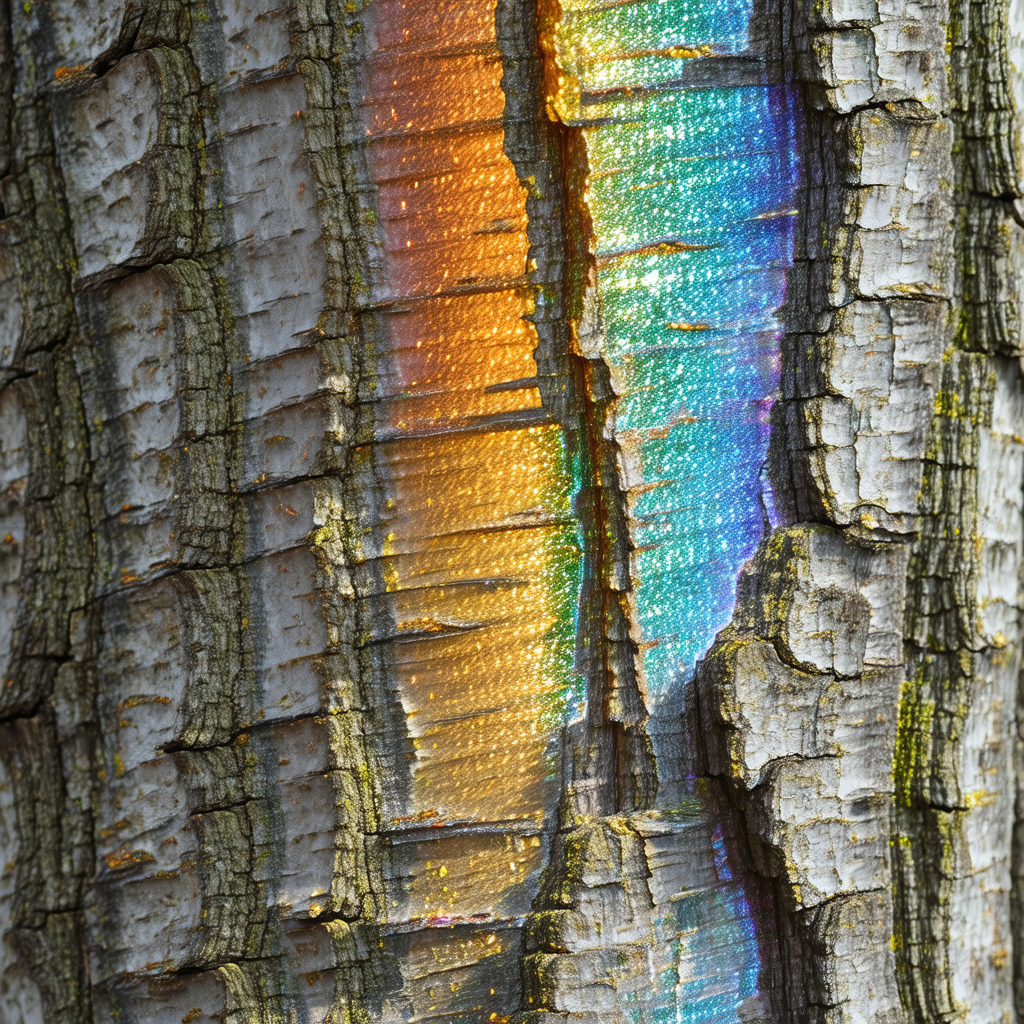 Tree with a large, colorful rainbow on its bark