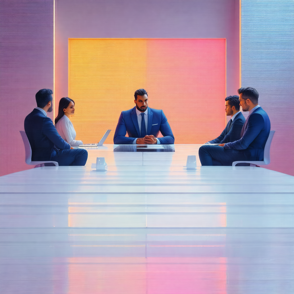 Group of people sitting around a large, long table