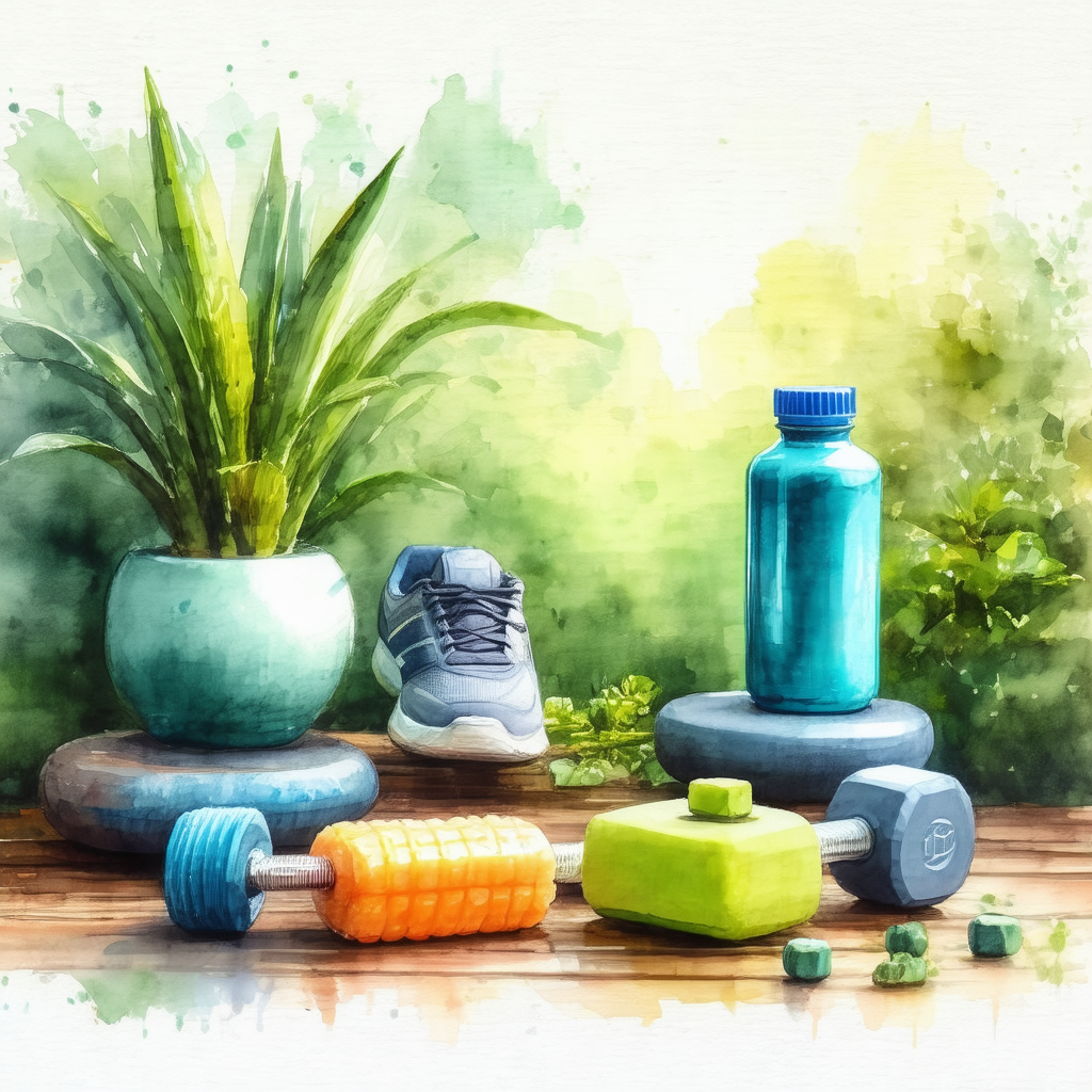 Wooden table with a variety of fitness equipment on it