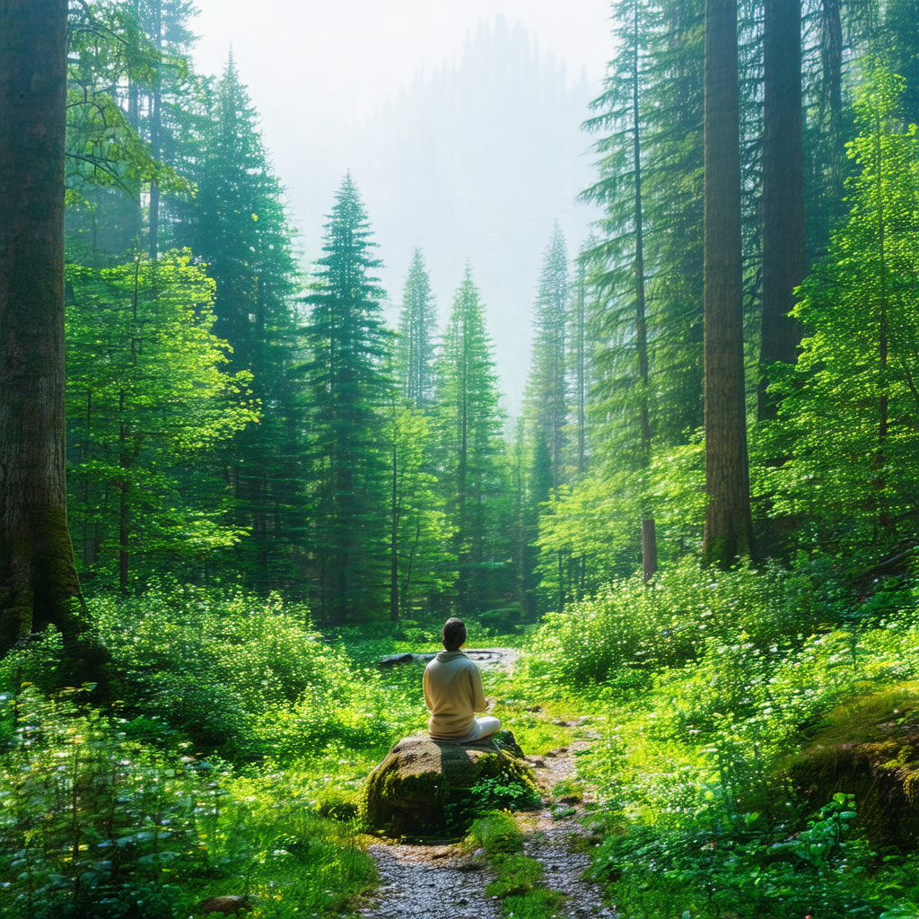 Man sitting on a rock in a lush green forest